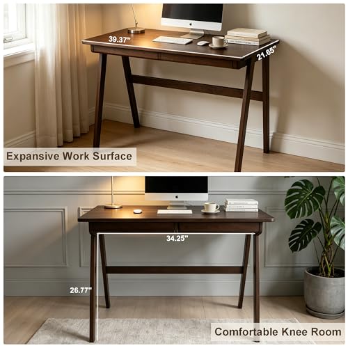 Solid Wood Desk with Drawers, Computer Desk for Home Office, Small Writing Desk for Bedroom & Small Spaces, Sturdy A-Frame, Easy Assembly (Walnut Color, 39inch)