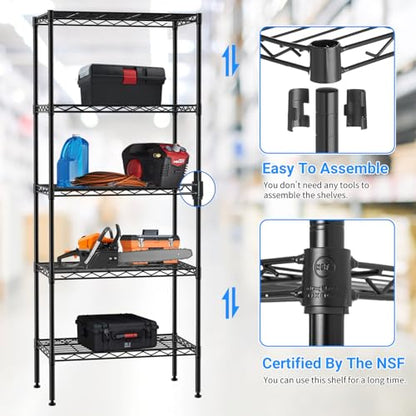 BLKMTY 5 Tier Wire Shelving, Narrow Storage Metal Shelf, Standing Shelf Units, Adjustable Garage Shelving, 750 lbs Capacity, Commercial Shelves, 11.6" D x 21.5" W x 47.6" H, Black - color: Black, size: 5 Tire: 11.6" D x 21.5" W x 47.6" H