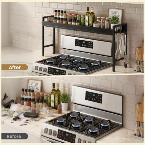 31 Inch Over the Stove Spice Rack, Adjustable 3-Tier Stove Top Shelf Equipped with 6 Utility Hooks to Organize Spices & Kitchen Gadgets (Black) - color: Black
