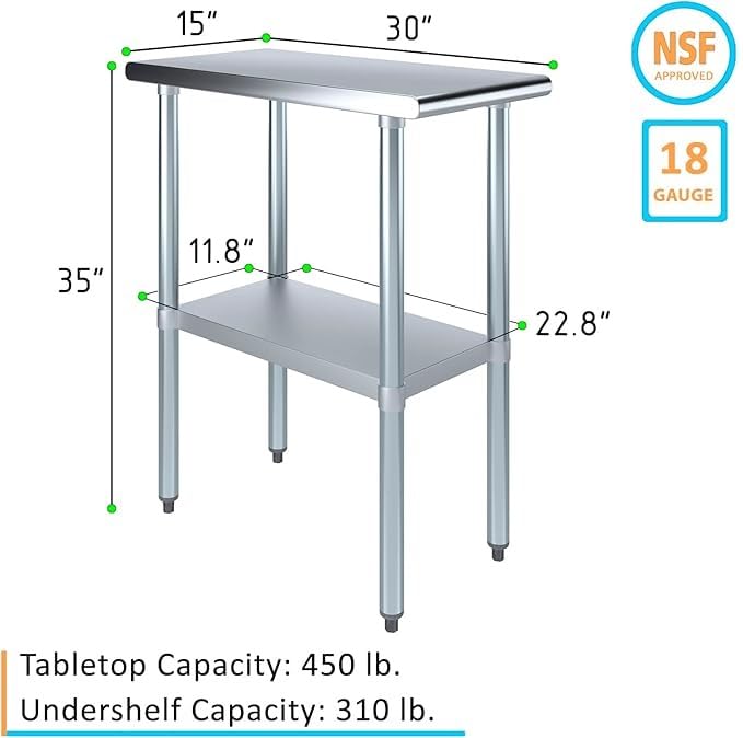 NSF-Certified Heavy-Duty Stainless Steel Prep Table – 30″ x 15″ Utility Workstation Table with Undershelf for Restaurants, Kitchens, Food Trucks - size: 15x30