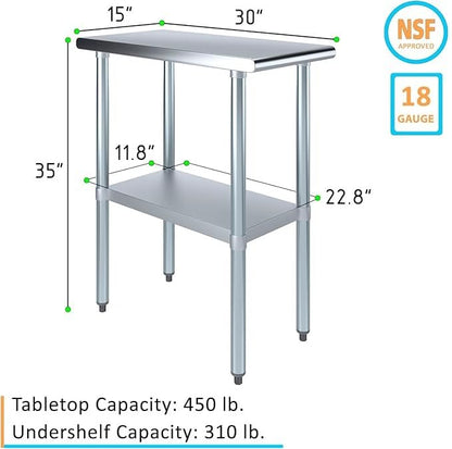 NSF-Certified Heavy-Duty Stainless Steel Prep Table – 30″ x 15″ Utility Workstation Table with Undershelf for Restaurants, Kitchens, Food Trucks - size: 15x30
