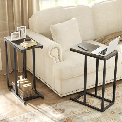 Giantex C Shaped End Table Set of 2, Small Side Tables for Sofa, Couch Tables that Slide Under with Metal Frame, Industrial TV Tray Table for Small Spaces, C Table for Living Room Bedroom, Greige - color: Greige