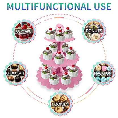 3-Tier Pink Cupcake Stand, Heart Handle Dessert Display Tower, Perfect for Girl Birthday Baby Shower Small Parties, Easy Assembly (1-Pack) ﻿ - color: Pink 1 Pack