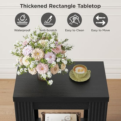 Maupvit Narrow Wood End Table for Living Room, 2-Tier Small Slim Side Table with Storage Shelf, Modern Fluted Nightstand for Bedside, Small Spaces, Living Room, Bedroom, Black, Set of 2 - color: Black