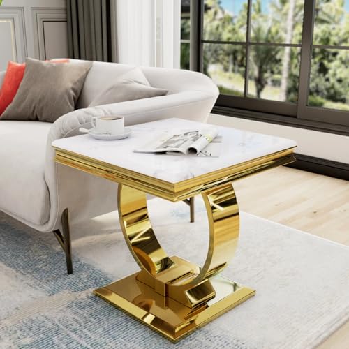 Asday Gold End Table Set of 2, White Side Table for Living Room, Bedroom, 2 Stable End Tables with U-Shaped Polished Gold Base and Square Bottom Plate - color: White, size: Set of 2