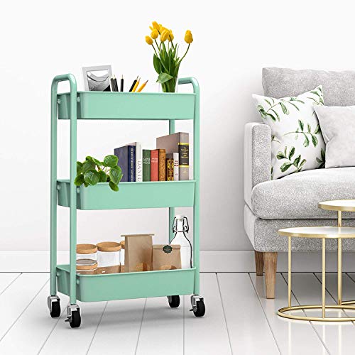 3-Tier Rolling Metal Storage Organizer - Mobile Utility Cart, Kitchen Cart with Caster Wheels (Aqua Green) - color: Aqua Green