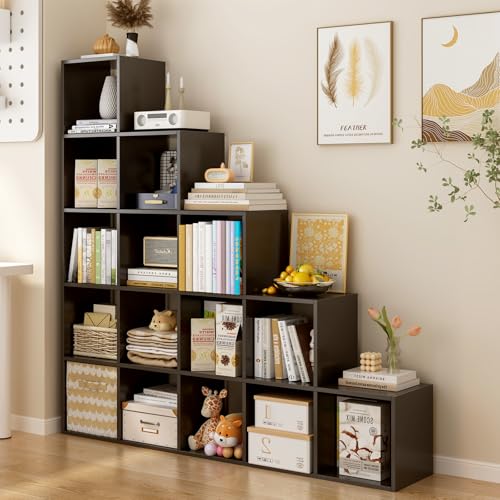 Ladder Cube Storage Bookcase, 15-Cube Corner Shelf, Black | Wooden L-Shaped, Reversible 5-Tier Organizer, Fits 11×11" Bins, For Home & Office - color: Black, size: 15-Cube