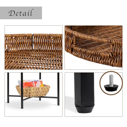DINGTAI Small Wicker Round End Table, 16.5 in Rattan End Tables with Removable Tray, Waterproof Sofa Coffee Side Table, Indoor Outdoor Side Tables for Patio, Living Room Bedroom Office