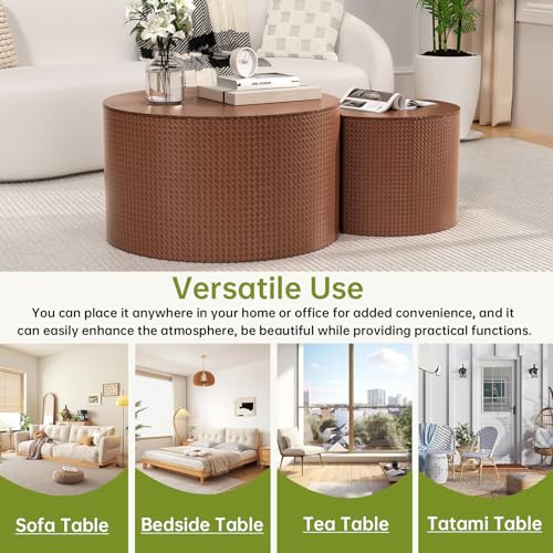 Round Nesting Coffee Table Set of 2 Modern Round Walnut Coffee Table Small Circular End Table Side Table Coffee Tables Circle Nested Coffee Tables for Living Room (Brown A Large) - color: Brown a Large