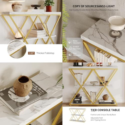 Garvee 3 Tier Console Table,39" Industrial Entryway Table,Open Wood Shelves | Sofa Table,Narrow Wood Accent Tables with Metal Frame for Hallway,Living Room,Behind Couch,Foyer,Entrance,White - color: White + X-shaped