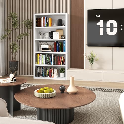 furtble 5 Tier Bookshelf with Open Storage Shelf, 60 Inch Tall Wooden Bookcase, Sturdy Modern Display Storage Shelf for Living Room, Home Office, Study, White - size: 5-Tier-30.7W