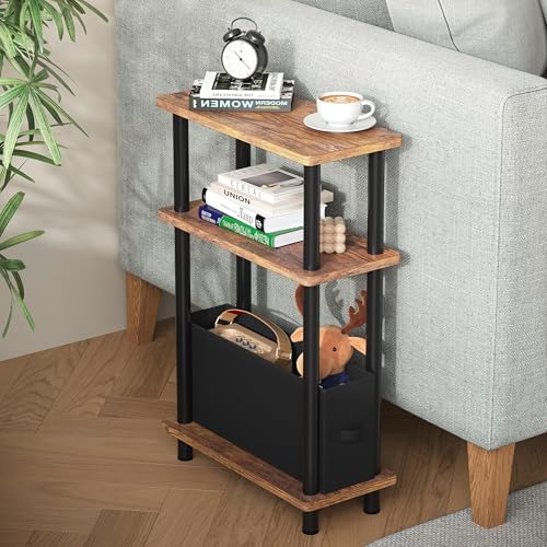 Apicizon Small Narrow Side Table, 3-Tier Skinny End Table for Small Spaces, Slim Nightstand with Fabric Basket, Bedside Table for Living Room, Bedroom, Rustic Brown and Black - color: Rustic Brown and Black, style: Narrow Side Table with Basket
