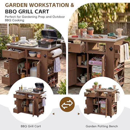 Outdoor Solid Wood Kitchen Island with Storage, 28" Extendable Stainless Steel Top Grill Cart, Rolling BBQ Prep Station with Drawers, Spice Rack, Towel Rack for Backyard, Patio, Camping - color: Brown