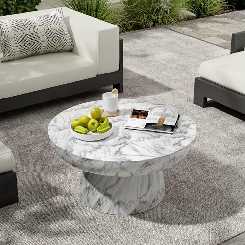 27.5" Round Outdoor Coffee Table Modern Faux Stone Coffee Table for Outdoor Circle Marble Center Tables with Pedestal Accent Tables for Patio Garden Backyard Balcony Weather Resistant, MgO - color: Faux Stone-round-27.5inch-cream-coffee
