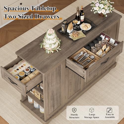 HOSTACK Kitchen Island Cart with Storage, 47'' Kitchen Storage Island on Wheels with 2 Drawers, Rolling Island Table with Adjustable Shelves, Mobile Buffet Sideboard Cabinet for Dining Room, Ash Gray - style: Ash Gray