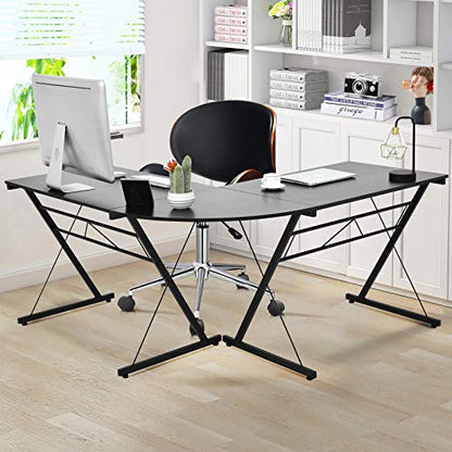 Tangkula L-Shaped Desk Corner Computer Desk, Space-Saving & Multifunctional Home Office Desk Writing Workstation Study Desk with Round Corner (Black)