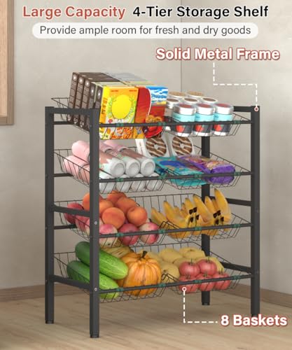 4-Tier Fruit and Vegetable Storage Rack with 8 Removable Baskets, Small Kitchen Island, Pantry Floor Organizer Stand Shelves for Snack Onion Potato Storage, Black - style: 8 Baskets-Black