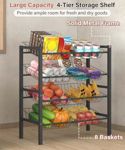 4-Tier Fruit and Vegetable Storage Rack with 8 Removable Baskets, Small Kitchen Island, Pantry Floor Organizer Stand Shelves for Snack Onion Potato Storage, Black - style: 8 Baskets-Black