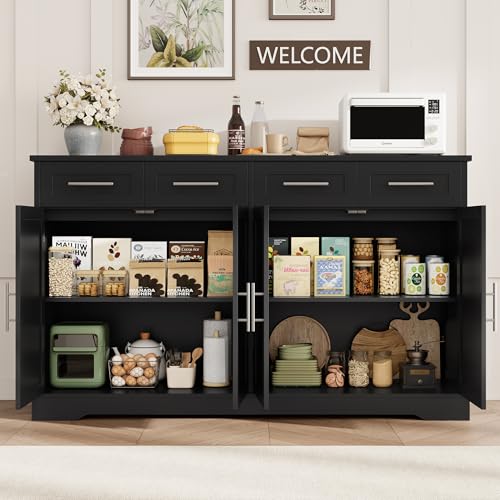 HOSTACK 60" Large Buffet Sideboard with Storage, 36" Tall Kitchen Buffet Storage Cabinet with 4 Drawer, Modern Coffee Bar Cabinet with Silver Handle, Long Sideboard Buffet Table for Kitchen, Black - color: Black