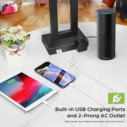 Set of 2 Touch Control Table Lamps with 2 USB Ports&AC Outlet, 3-Way Dimmable Modern Nightstand Lamp Sets, Bedside Black Lamps for Bedroom Living Room End Tables Reading, Bulbs Included, Black Shade | 3 Way Dimmable, Touch Control, Black Fabric Shade, Des