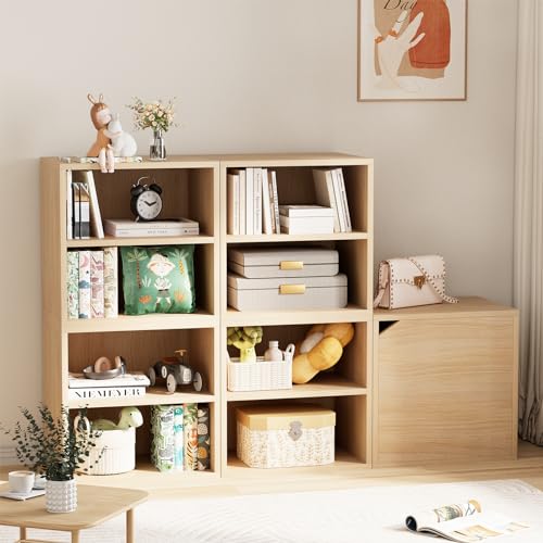 Cube Storage Organizer Shelf, 2 Tiers Stackable Bookshelf, Wooden Display Bookcase with 2 Cube Storage, Small Storage Cabinet for Living Room Bedroom, Natural
