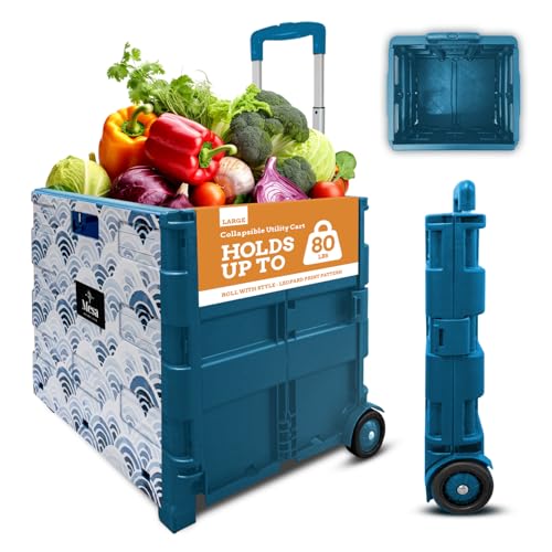 Ultra-Slim Rolling Collapsible Storage Pack-N-Roll Utility-carts, with Telescopic Handle, for Home, Garden, Shopping, Office, School use, Large, Blue, Wave Print - color: Wave Print