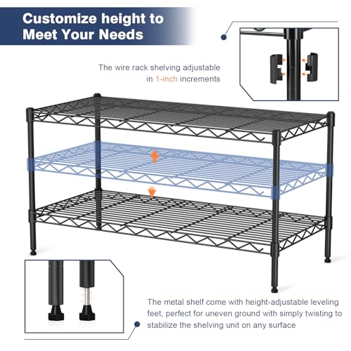 2 Tier Wire Shelf,Black Adjustable Metal Storage with Wheels | Heavy Load Capacity 600 lbs,Height Adjustable Design,35.8"Wx17.7Dx19.6H,Lockable 360°Wheels,Large Storage Space - size: 2-Tier,36"x18"x19.5"(WxDxH)