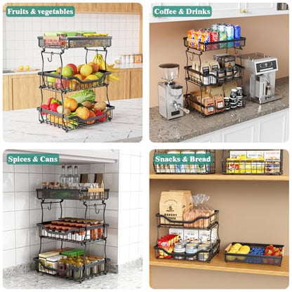 Giwil 3 Tier Countertop Fruit Mesh Basket for Kitchen, Vegetable Storage Bread Fruit Bowl Stand with 2 Banana Hooks, Wall Mounted Metal Wire Basket Organizer for Potato Onion, Black - size: 3 Tier Mesh Basket Top