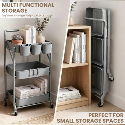 Foldable 3 Tier Metal Utility Rolling Cart, Folding Mobile Multi-Function Storage Trolley Organizer Cart for Home Library Office(Grey) - color: Gray