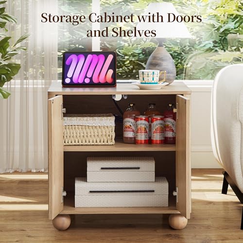 Samll Square Side Table with Charging Station, Mid Century Modern Nightstand with Storage for Bedroom Bed, Small Accent Table with Doors for Living Room Couch Sofa Chair, Office Desk - Natural - size: Natural-door