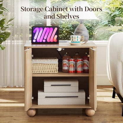 Samll Square Side Table with Charging Station, Mid Century Modern Nightstand with Storage for Bedroom Bed, Small Accent Table with Doors for Living Room Couch Sofa Chair, Office Desk - Natural - size: Natural-door