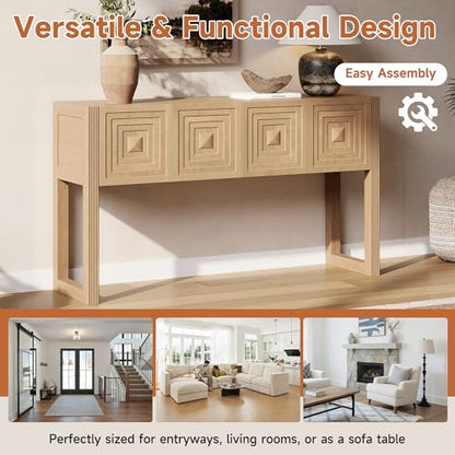 LKTART 55" Carved Console Table with 3 Soft-Close Drawers, Entryway Sofa Table with Fluted Leg,Solid Wood Accent Table for Living Room Hallway,Light Brown - color: Light Brown