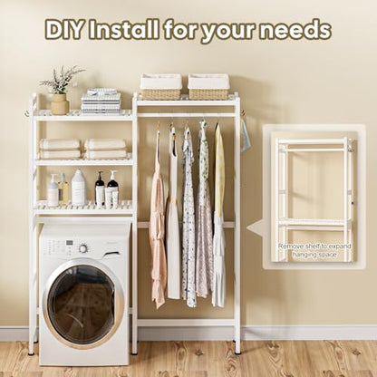Cozivolife Over The Washer and Dryer Storage Shelf Bamboo,5 Tiers Laundry Room Drying Rack with Adjustable Shelves and 4 Hooks,Space Saver Organizer for Hanging Clothes and Towels (White) - color: White