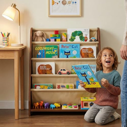 Perugina Wood Kids Bookshelf 5Tier(WalnutPattern) | DutchDesign Montessori Nursery Toddler Baby Book Shelf kidsroom - color: Redwalnutwood Grainpattern