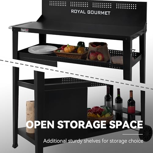 Royal Gourmet PC4401B 3-Tier Dining Cart with Wind Guard, Sturdy Structure and Ample Storage Shelves, for Indoor & Outdoor use，with Bottle Opener, Hooks, Wine Rack, Multifunctional Side Handle, Black | with Bottle Opener, Hooks, Wine Rack, Multifunctional
