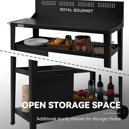 Royal Gourmet PC4401B 3-Tier Dining Cart with Wind Guard, Sturdy Structure and Ample Storage Shelves, for Indoor & Outdoor use，with Bottle Opener, Hooks, Wine Rack, Multifunctional Side Handle, Black | with Bottle Opener, Hooks, Wine Rack, Multifunctional