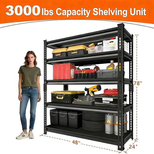 Utility Storage Garage Shelving - 48'' Wide 3000 Lbs Heavy Duty 5 Tier Metal Shelves Adjustable - Freestanding Rack Units for Basement Kitchen Pantry - Black 48" W x 24" D x 78" H - size: 48"Wx24"D-5T-BK