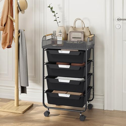 SYKIARIOL 4-Drawer Rolling Storage Cart with Mesh Top, Utility Craft Organizer Cart on Wheels with DIY Labels, Rolling Drawer Cart for Home Office Classroom Bedroom, Black - color: Black