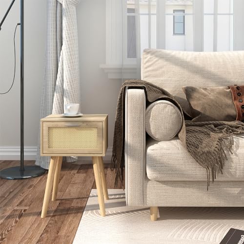 LAATOOREE Nightstand Set of 2, Small Bedside Table, Boho Side End Table, Rattan Door, Solid Wood Feet for Bedroom and Living Room - color: Natural, style: Boho Style