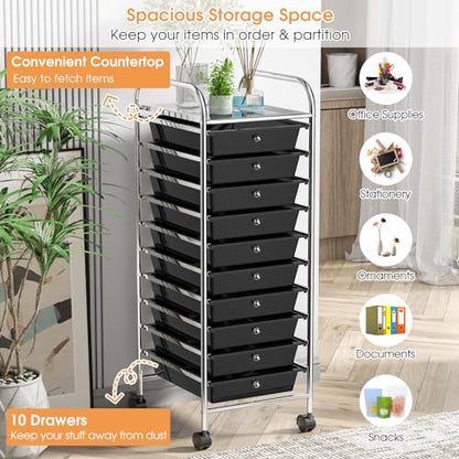 DREAMADE Rolling Cart with Storage Drawers, Utility Cart with Removable Plastic Drawers, Lockable Wheels, Art Cart for Classroom Organization Art Supplies Office Scrapbook (10 Drawers, Black) - color: Black, style: 10 Drawers