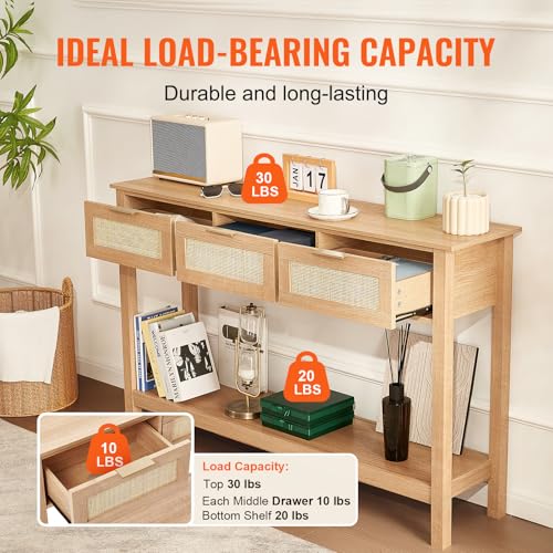 VEVOR Rattan Console Table with 3 Storage Drawers, Rattan Entryway Table with Natural Rattan Sliding Door, Console Sofa Table for Living Room, Study, Entryway Or TV Wall, Natural - size: 3 Drawers