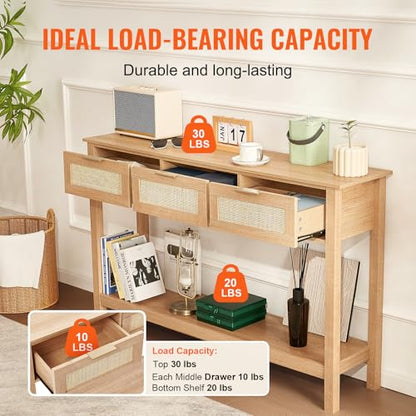 VEVOR Rattan Console Table with 3 Storage Drawers, Rattan Entryway Table with Natural Rattan Sliding Door, Console Sofa Table for Living Room, Study, Entryway Or TV Wall, Natural - size: 3 Drawers