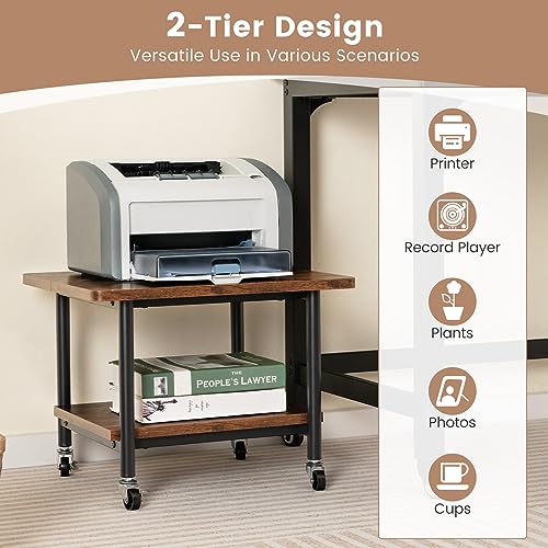 Tangkula 2-Tier Printer Stand, Under Desk Rolling Printer Cart with 2 Storage Shelves, Mobile Machine Stand Printer Tables for Small Spaces - color: Rustic Brown