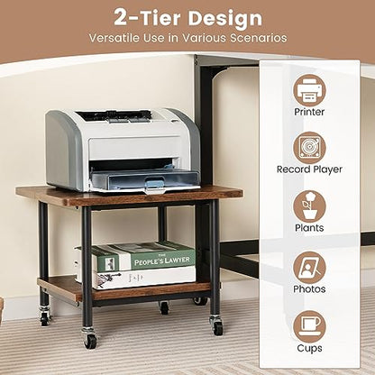 Tangkula 2-Tier Printer Stand, Under Desk Rolling Printer Cart with 2 Storage Shelves, Mobile Machine Stand Printer Tables for Small Spaces - color: Rustic Brown