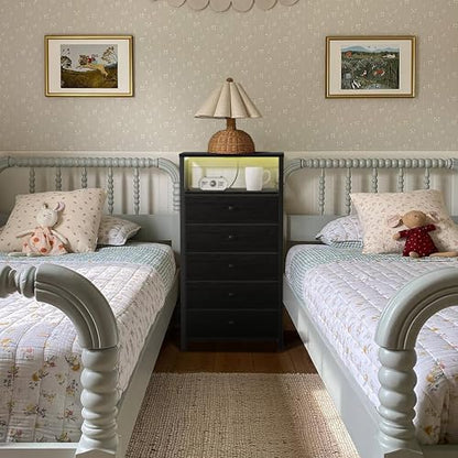 BOLUO Black Dresser with 5 Drawers Tall Nightstand with Charging Station and LED Light, Bedside Table Room Storage Drawers Closet - color: B.black, size: 11.8"D x 15.7"W x 39.8"H (5 drawers)