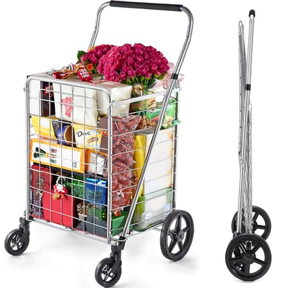 Wellmax Folding Grocery Cart with Wheels – Heavy Duty Utility Cart with Upgraded Steel Frame, Extra Large Basket, Adjustable Padded Handle, Swivel Front Wheels, Foldable Design, 90 lb Capacity - size: X-Large