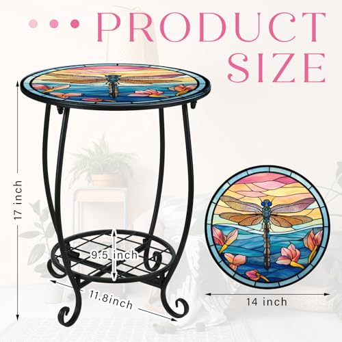 Cinnvoice Outdoor Side Table Round Small Mosaic Patio Accent Indoor End Plant Coffee Tea Table for Yard Patio Porch Garden Living Room, Bedroom(Dragonfly Style,14 Inch) - size: 14 Inch, style: Dragonfly Style
