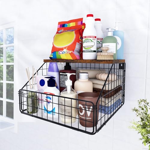 MSJGA Laundry Room Shelves Wall Mounted with Storage Basket - Farmhouse Stackable Wire Wall Shelves Organizer for Towels, Detergent, Tissues | Space-Saving Over Washer & Dryer(11.8" Wx12 Dx8.5 H) - size: 12"D