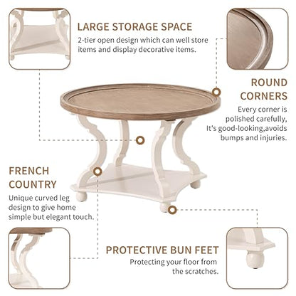 COZAYH Coffee Table - Round Farmhouse Coffee Table - Wood Tray Top, White | 32 in Diameter, 20 in Height, Lower Shelf Storage, Raised Edge, Curved Legs, MDF Construction, 50 lb Capacity - size: 1-Pack Coffee Table