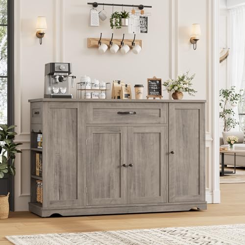 HOSTACK Kitchen Island Cart with Storage, 47'' Kitchen Storage Island on Wheels with 2 Drawers, Rolling Island Table with Adjustable Shelves, Mobile Buffet Sideboard Cabinet for Dining Room, Ash Gray - style: Ash Gray
